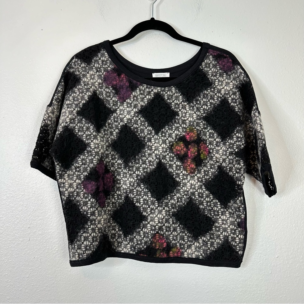 Weston knit front blouse short sleeve plaid floral wool blend spring career boho